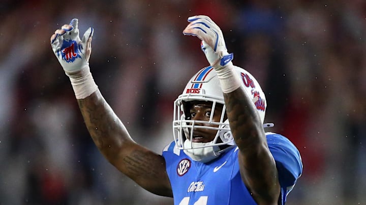 Nov 9, 2024; Oxford, Mississippi, USA; Mississippi Rebels linebacker Chris Paul Jr. (11) reacts at the end of the third quarter against the Georgia Bulldogs at Vaught-Hemingway Stadium. Mandatory Credit: Petre Thomas-Imagn Images Nov 9, 2024; Oxford, Mississippi, USA; Mississippi Rebels linebacker Chris Paul Jr. (11) reacts at the end of the third quarter against the Georgia Bulldogs at Vaught-Hemingway Stadium. Mandatory Credit: Petre Thomas-Imagn Images