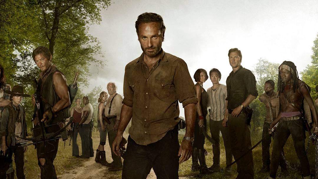 (L to R) Daryl Dixon (Norman Reedus); Carol (Melissa Suzanne McBride); T-Dog (Robert 'IronE' Singleton); Beth Greene (Emily Kinney); Hershel Greene (Scott Wilson); Rick Grimes (Andrew Lincoln); Maggie Greene (Lauren Cohan); Glenn (Steven Yeun); The Governor (David Morrissey) and Michonne (Danai Gurira) in The Walking Dead Season 3