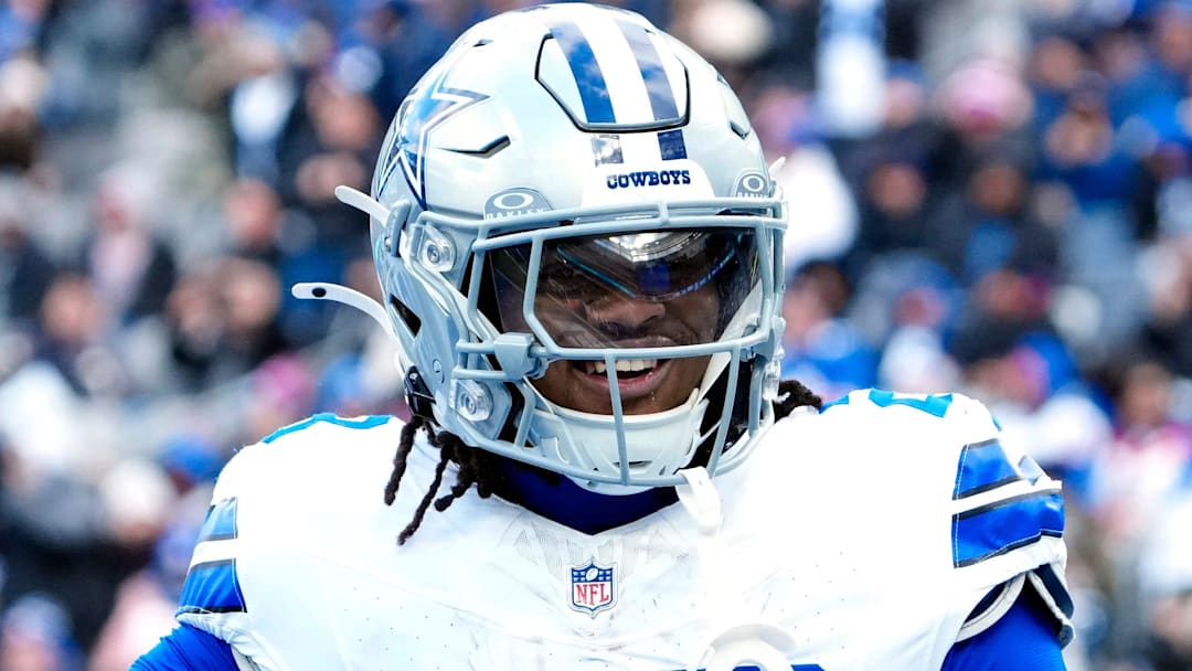 Dallas Cowboys running back Jaydon Blue (23) celebrates after scoring the first touchdown of the game, Sunday, January 4, 2026, in East Rutherford.