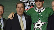 June 23, 2017; Chicago, IL, USA; Jake Oettinger poses for photos after being selected as the number twenty-six overall pick to the Dallas Stars in the first round of the 2017 NHL Draft at the United Center. Mandatory Credit: David Banks-Imagn Images