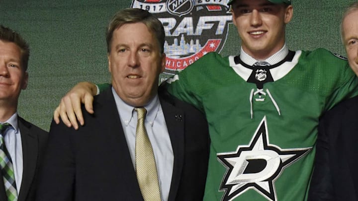 June 23, 2017; Chicago, IL, USA; Jake Oettinger poses for photos after being selected as the number twenty-six overall pick to the Dallas Stars in the first round of the 2017 NHL Draft at the United Center. Mandatory Credit: David Banks-Imagn Images June 23, 2017; Chicago, IL, USA; Jake Oettinger poses for photos after being selected as the number twenty-six overall pick to the Dallas Stars in the first round of the 2017 NHL Draft at the United Center. Mandatory Credit: David Banks-Imagn Images