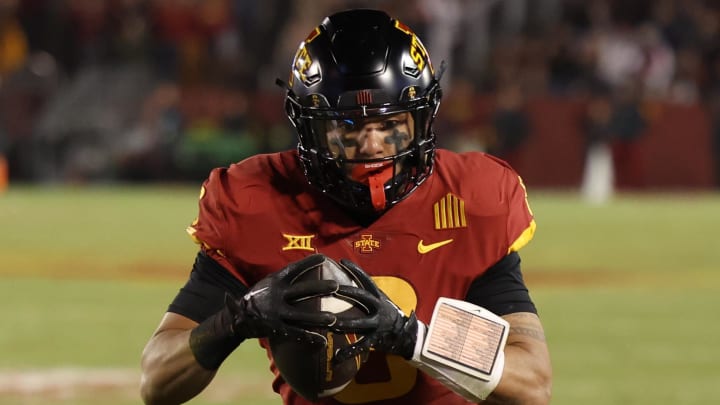 Nov 18, 2023; Ames, Iowa, USA; Iowa State Cyclones running back Eli Sanders (6) catches a touchdown pass against the Texas Longhorns at Jack Trice Stadium