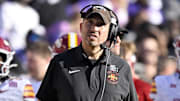 Nov 8, 2025; Fort Worth, Texas, USA; Iowa State Cyclones head coach Matt Campbell looks on during the first half against the TCU Horned Frogs at Amon G. Carter Stadium. 