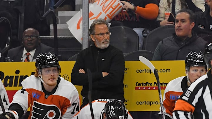 Nov 20, 2024; Philadelphia, Pennsylvania, USA; Philadelphia Flyers head coach John Tortorella against the Carolina Hurricanes at Wells Fargo Center. Mandatory Credit: Eric Hartline-Imagn Images