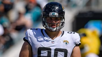 Sep 23, 2018; Jacksonville, FL, USA; Jacksonville Jaguars defensive tackle Taven Bryan (90) stands on the field during the second half against the Tennessee Titans at TIAA Bank Field. Mandatory Credit: Douglas DeFelice-Imagn Images