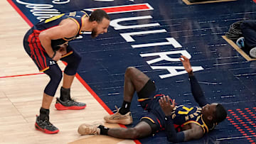 Jan 29, 2025; San Francisco, California, USA; Golden State Warriors guard Stephen Curry (30) reacts after guard Dennis Schroder (71) drew an offensive foul against the Oklahoma City Thunder in the fourth quarter at the Chase Center. Mandatory Credit: Cary Edmondson-Imagn Images