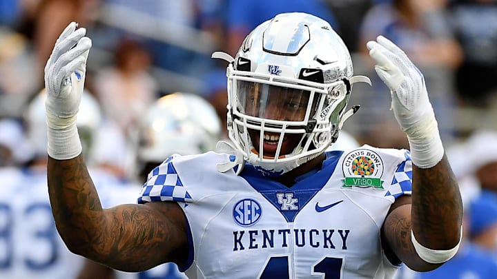 Jan 1, 2019; Orlando, FL, USA; Kentucky Wildcats linebacker Josh Allen (41) reacts to the crowd during the second half against the Penn State Nittany Lions in the 2019 Citrus Bowl at Camping World Stadium. Mandatory Credit: Jasen Vinlove-Imagn Images