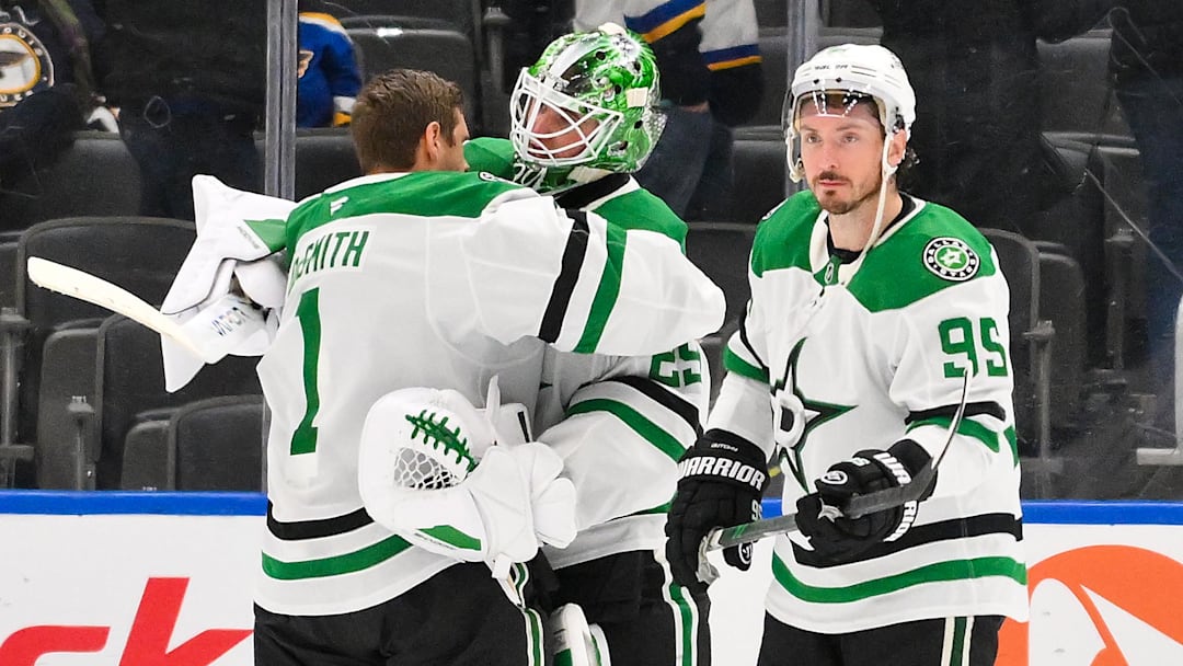 Jan 27, 2026; St. Louis, Missouri, USA; Dallas Stars goaltender Jake Oettinger (29) celebrates with goaltender Casey DeSmith (1) and center Matt Duchene (95) after the Stars defeated the St. Louis Blues at Enterprise Center. Mandatory Credit: Jeff Curry-Imagn Images
