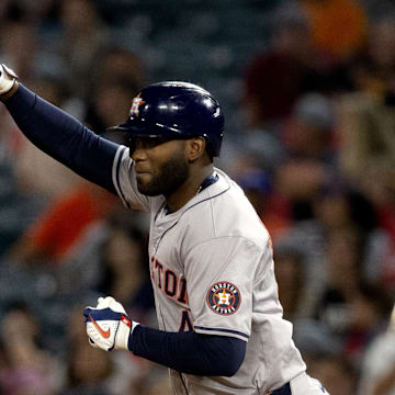 Houston Astros outfielder Yordan Alvarez (44) celebrates after hitting a two-run home run during the 5th inning against the Los Angeles Angels at Angel Stadium on Sept 14.