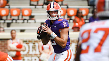 The Clemson Tigers football annual Orange and White Spring game was held on April 5, 2025, at Memorial Stadium in Clemson, South Carolina. Clemson quarterback Cade Klubnik (2) in the pocket on a passing play.