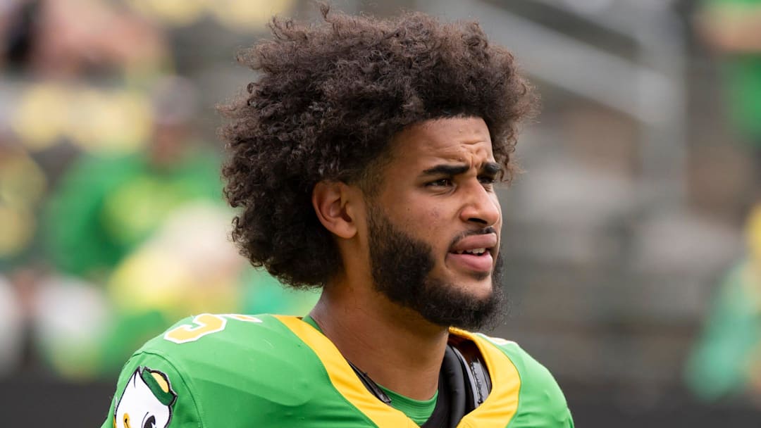 Oregon quarterback Dante Moore warms up as the Oregon Ducks host the Oklahoma State Cowboys on Sept. 6, 2025, at Autzen Stadium in Eugene, Oregon.