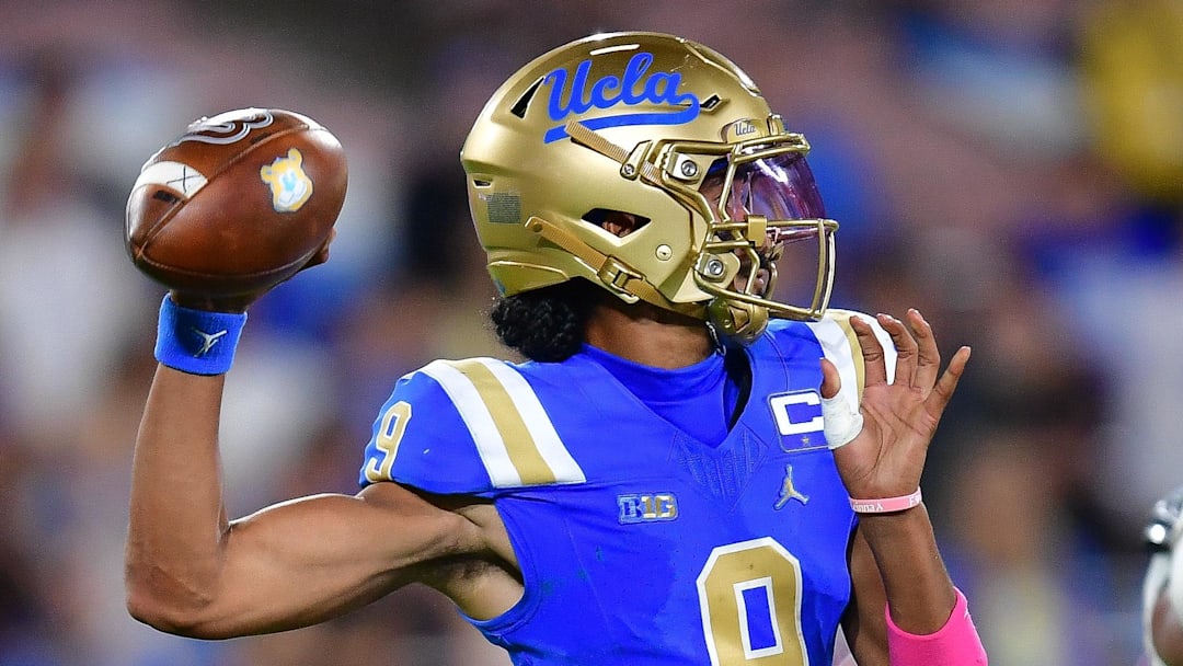 Aug 30, 2025; Pasadena, California, USA; UCLA Bruins quarterback Nico Iamaleava (9) throws against the Utah Utes during the second half at Rose Bowl. Mandatory Credit: Gary A. Vasquez-Imagn Images