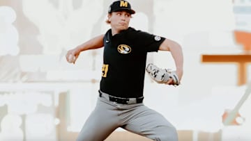April 22, 2025; Springfield, Missouri, USA; Missouri Tigers pitcher Sam Horn throws from the mound at Hammons Field in his 2025 season debut. 