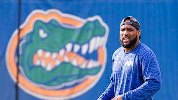 New Florida secondary coach Will Harris directs his defensive backs during the Florida Gators as they held their final open Spring football practice before the Orange and Blue Game at Sanders Practice Fields in Gainesville, FL on Tuesday, April 9, 2024. [Doug Engle/Gainesville Sun]
