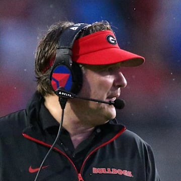Nov 9, 2024; Oxford, Mississippi, USA; Georgia Bulldogs head coach Kirby Smart watches during the second half  against the Mississippi Rebels at Vaught-Hemingway Stadium. Mandatory Credit: Petre Thomas-Imagn Images