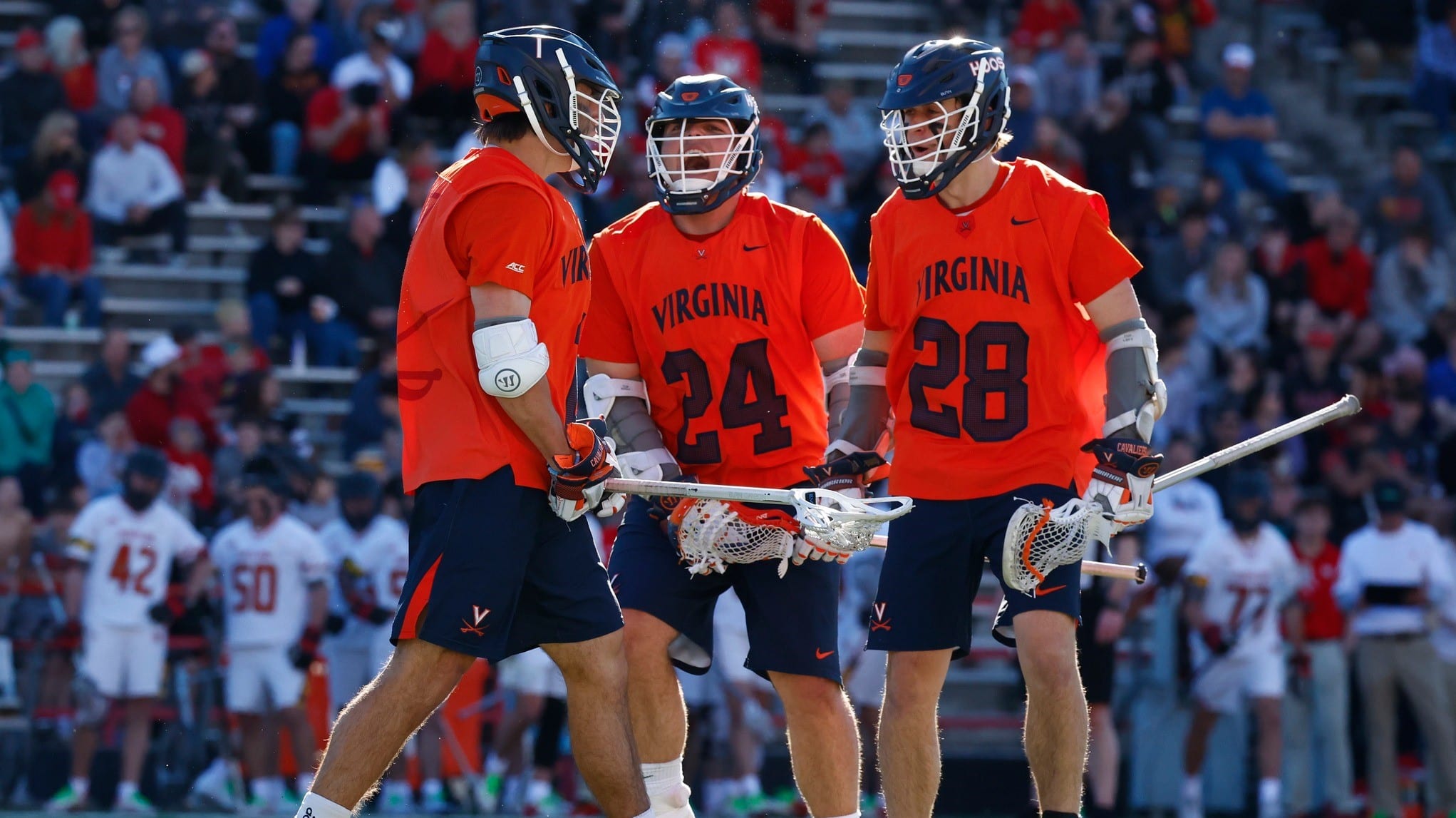 Connor Shellenberger celebrates after scoring a goal during the Virginia men's lacrosse game at Maryland.
