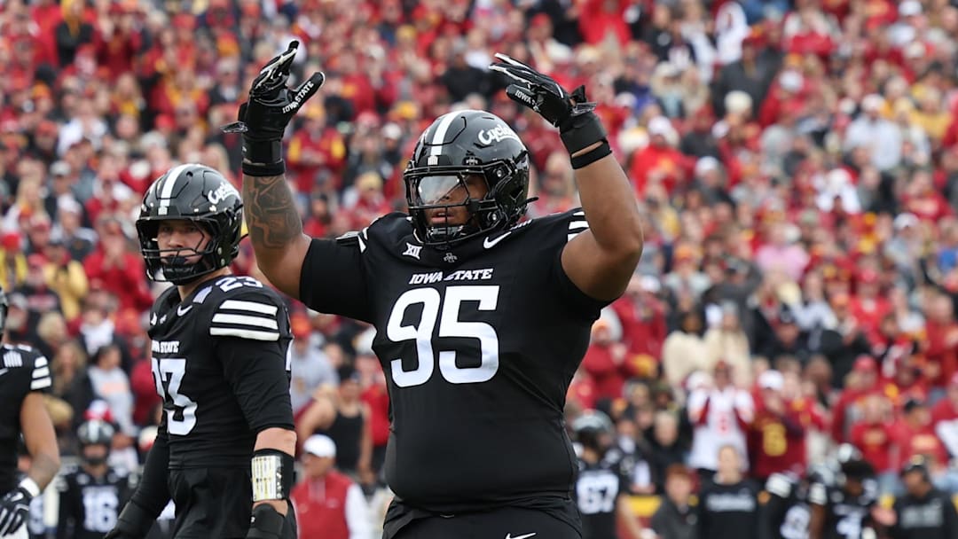 Oct 25, 2025; Ames, Iowa, USA; Iowa State Cyclones defensive lineman Domonique Orange (95) celibates in their game with the BYU Cougars at Jack Trice Stadium. Mandatory Credit: Reese Strickland-Imagn Images