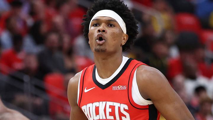 Apr 26, 2026; Houston, Texas, USA; Houston Rockets guard/forward Amen Thompson (1) dribbles the ball during the first quarter against the Los Angeles Lakers during game four of the first round of the 2026 NBA Playoffs at Toyota Center. Mandatory Credit: Troy Taormina-Imagn Images