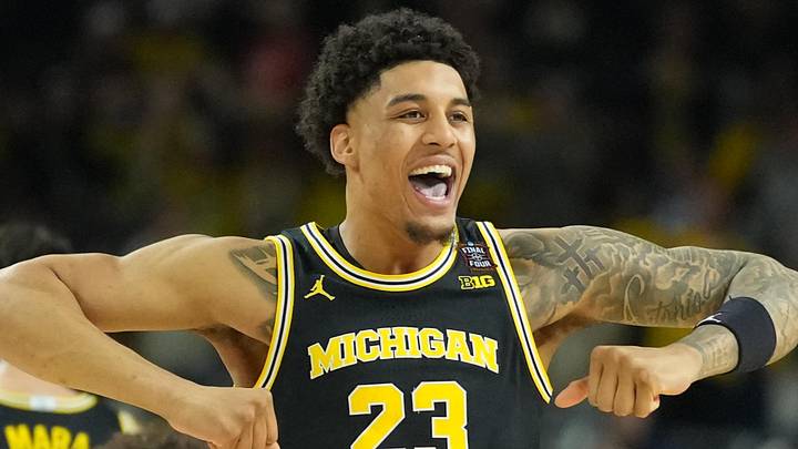 Apr 4, 2026; Indianapolis, IN, USA;  Michigan Wolverines forward Yaxel Lendeborg (23) reacts against the Arizona Wildcats in the first half during a semifinal of the Final Four of the men's 2026 NCAA Tournament at Lucas Oil Stadium. Mandatory Credit: Robert Deutsch-Imagn Images