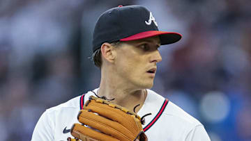 Sep 18, 2023; Cumberland, Georgia, USA; Atlanta Braves starting pitcher Kyle Wright (30) pitches against the Philadelphia Phillies during the first inning at Truist Park. Mandatory Credit: Dale Zanine-Imagn Images