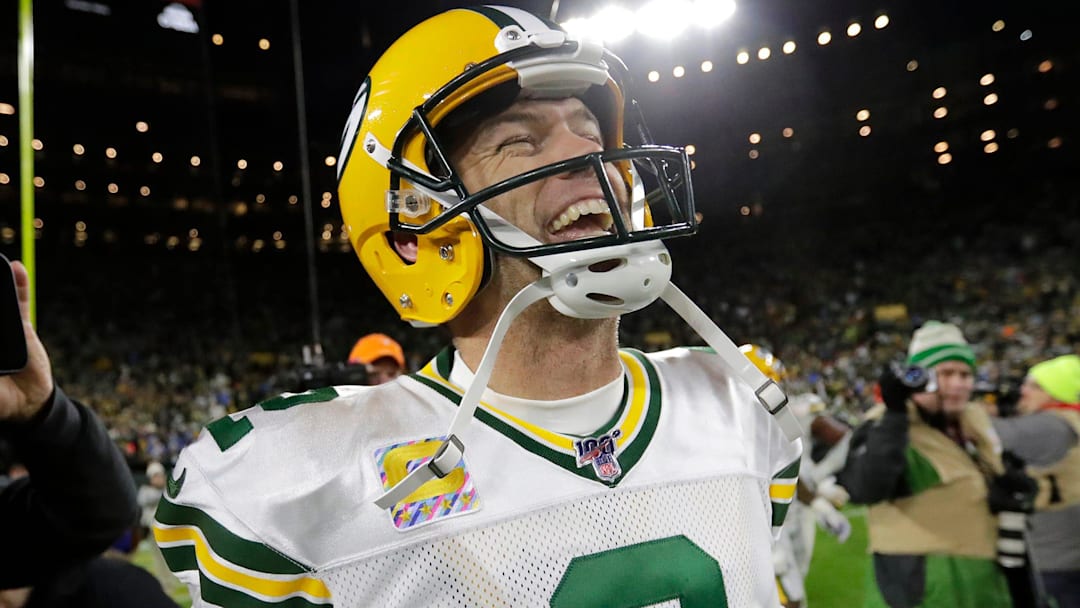 Former Green Bay Packers kicker Mason Crosby (2) celebrates his game-winning field goal against the Detroit Lions during their footbal game Monday, October 14, 2019, at Lambeau Field in Green Bay, Wis. Former Green Bay Packers kicker Mason Crosby (2) celebrates his game-winning field goal against the Detroit Lions during their footbal game Monday, October 14, 2019, at Lambeau Field in Green Bay, Wis.