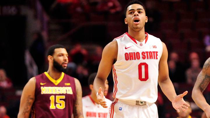Mar 12, 2015; Chicago, IL, USA;  Ohio State Buckeyes guard D'Angelo Russell (0) celebrates his three-point basket during the second half in the second round of the Big Ten Conference Tournament at the United Center. The Ohio State Buckeyes defeated the Minnesota Golden Gophers 79-73. Mandatory Credit: David Banks-USA TODAY Sports