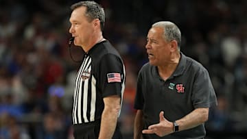 Houston coach Kelvin Sampson (right) reacts to a call during the Cougars' Final Four win against Duke on April 5, 2025.