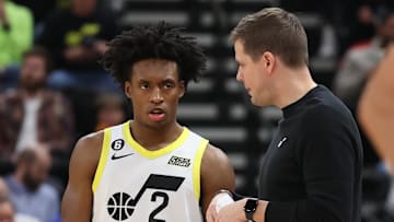 Feb 6, 2023; Salt Lake City, Utah, USA; Utah Jazz guard Collin Sexton (2) and head coach Will Hardy (right) speak during a break in action against the Dallas Mavericks at Vivint Arena. Mandatory Credit: Rob Gray-Imagn Images