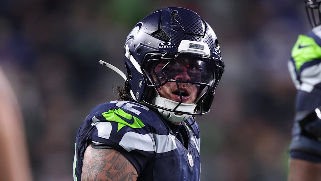 Oct 20, 2025; Seattle, Washington, USA; Seattle Seahawks linebacker Drake Thomas (42) reacts after a play during the fourth quarter against the Houston Texans at Lumen Field.