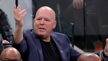 Nov 5, 2025; New York, New York, USA; New York Knicks executive vice president William Wesley (left) and president Leon Rose watch during the fourth quarter against the Minnesota Timberwolves at Madison Square Garden. Mandatory Credit: Brad Penner-Imagn Images