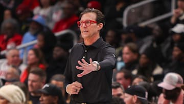 Atlanta Hawks head coach Quin Snyder reacts against the Los Angeles Lakers.