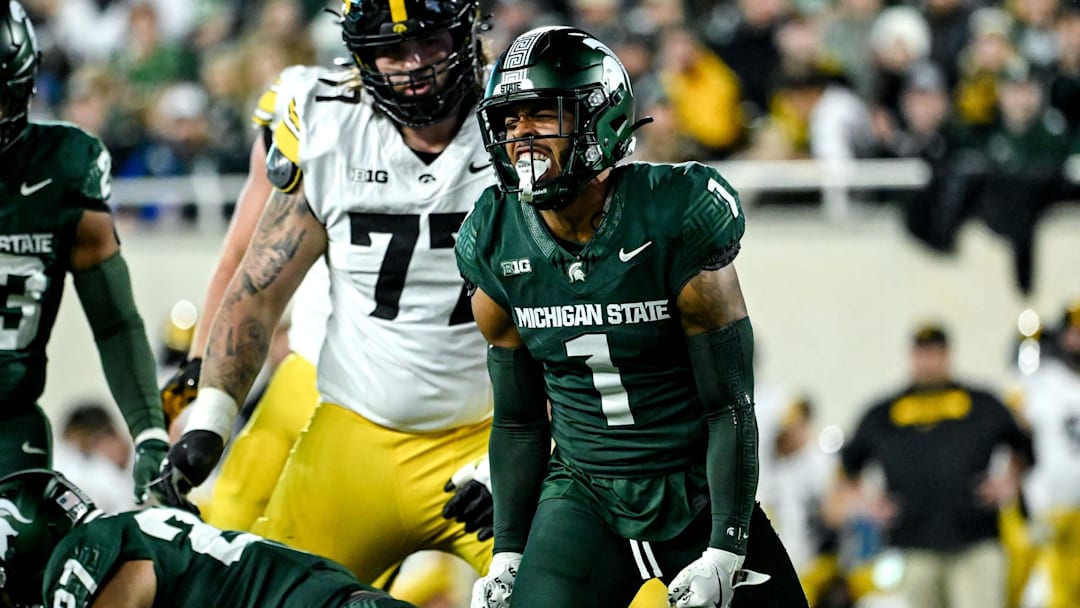 Michigan State's Nikai Martinez celebrates a defensive stop against Iowa in the first quarter on Saturday, Oct. 19, 2024, at Spartan Stadium in East Lansing.