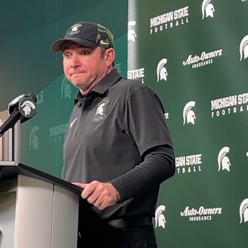 Michigan State head coach Jonathan Smith speaks to the media following a 28-10 loss to Penn State on Saturday, Nov. 15, 2025.