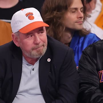 May 19, 2024; New York, New York, USA; New York Knicks executive chairman James Dolan sits court side during the first quarter of game seven of the second round of the 2024 NBA playoffs against the Indiana Pacers at Madison Square Garden. Mandatory Credit: Brad Penner-Imagn Images