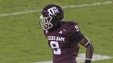 Nov 28, 2020; College Station, Texas, USA; Texas A&M Aggies defensive back Leon O'Neal Jr. (9) celebrates a LSU Tigers missed field goal in the second quarter at Kyle Field. Mandatory Credit: Thomas Shea-Imagn Images