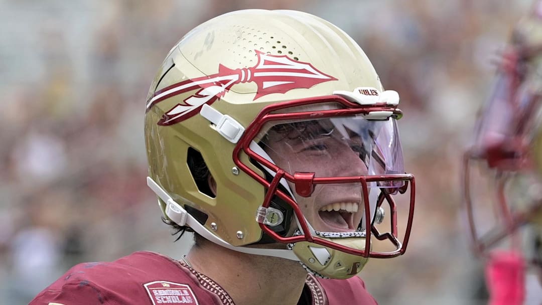 Sep 6, 2025; Tallahassee, Florida, USA; Florida State Seminoles quarterback Kevin Sperry celebrates after scoring a touchdown against the East Texas A&M Lions during the second half at Doak S. Campbell Stadium. Mandatory Credit: Melina Myers-Imagn Images