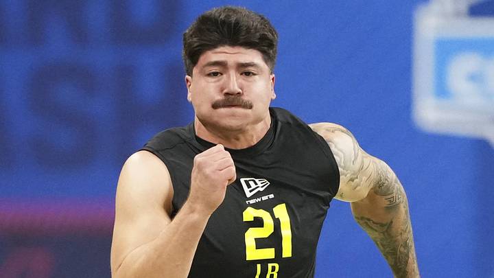 Feb 26, 2026; Indianapolis, IN, USA; Texas Tech linebacker Jacob Rodriguez (LB21) runs the 40-yard dash during the NFL Scouting Combine  at Lucas Oil Stadium. Mandatory Credit: Kirby Lee-Imagn Images