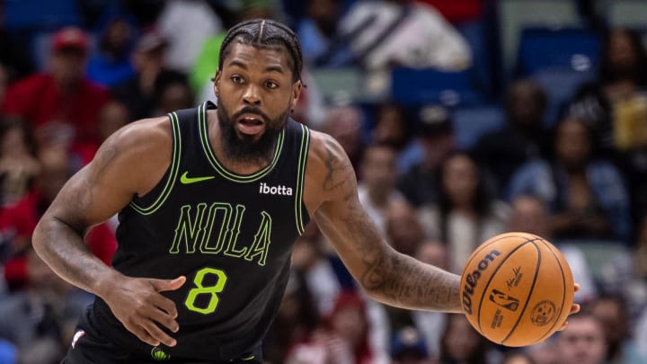 Dec 26, 2023; New Orleans, Louisiana, USA; New Orleans Pelicans forward Naji Marshall (8) brings the ball upcourt during the first half against the Memphis Grizzlies at Smoothie King Center. Mandatory Credit: Stephen Lew-USA TODAY Sports