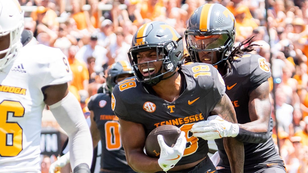 Tennessee running back DeSean Bishop (18) celebrates after a big run during Tennessee's game against Chattanooga in Neyland Stadium in Knoxville on Saturday, Aug. 31, 2024.