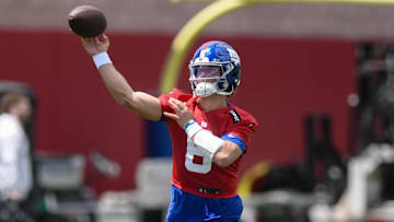 May 10, 2025; East Rutherford, NJ, USA; New York Giants quarterback Jaxson Dart (6) throws a pass during rookie minicamp at Quest Diagnostics Training Center. Mandatory Credit: John Jones-Imagn Images