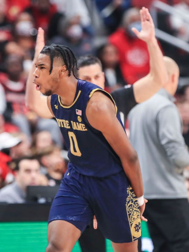 Notre Dame's Blake Wesley reacts after scoring a three-point shot in they first half. The guard had 22 points.