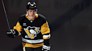 Oct 9, 2024; Pittsburgh, Pennsylvania, USA;  Pittsburgh Penguins right wing Rutger McGroarty (2) reacts during player introductions before making his NHL debut against the New York Rangers at PPG Paints Arena. Mandatory Credit: Charles LeClaire-Imagn Images