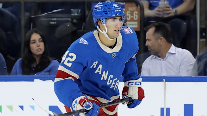 Oct 7, 2025; New York, New York, USA; New York Rangers center Noah Laba (42) skates against the Pittsburgh Penguins during the second period at Madison Square Garden. Mandatory Credit: Brad Penner-Imagn Images