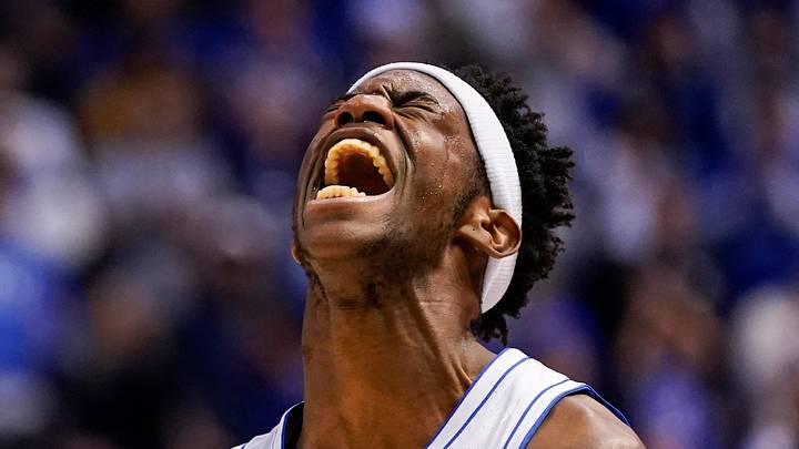 Feb 21, 2026; Provo, Utah, USA; BYU Cougars forward AJ Dybantsa (3) reacts during the second half against the Iowa State Cyclones at Marriott Center. Mandatory Credit: Aaron Baker-Imagn Images