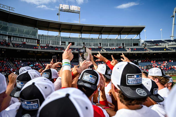 Nebraska hoists the championship trophy for the second year in a row. 
