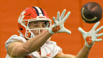 Clemson wide receiver Cole Turner (22) catches a pass in a pass drill during the first day of Spring practice at the Poe Indoor Practice Facility at the Allen N. Reeves football complex in Clemson S.C. Wednesday, February 28, 2024.