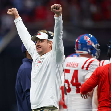 Dec 30, 2023; Atlanta, GA, USA; Mississippi Rebels head coach Lane Kiffin celebrates after a touchdown against the Penn State Nittany Lions in the second half at Mercedes-Benz Stadium. Mandatory Credit: Brett Davis-USA TODAY Sports