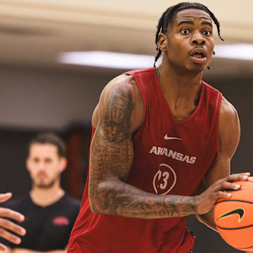Arkansas Razorbacks forward Nick Pringle during summer practice at the Eddie Sutton Practice Center in Fayetteville, Ark.
