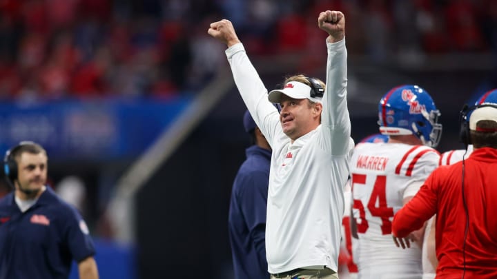 Dec 30, 2023; Atlanta, GA, USA; Mississippi Rebels head coach Lane Kiffin celebrates after a touchdown against the Penn State Nittany Lions in the second half at Mercedes-Benz Stadium. Mandatory Credit: Brett Davis-USA TODAY Sports