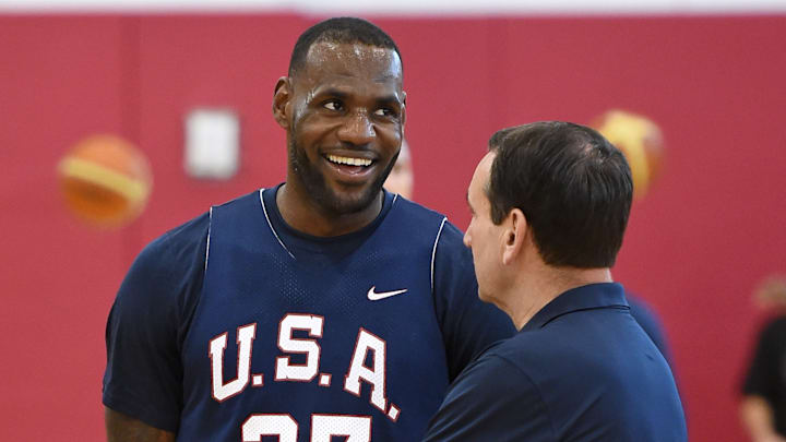USA Basketball Men's National Team Training Camp; Former Duke basketball coach Mike Krzyzewski talks with LeBron James at USA Basketball Training Camp
